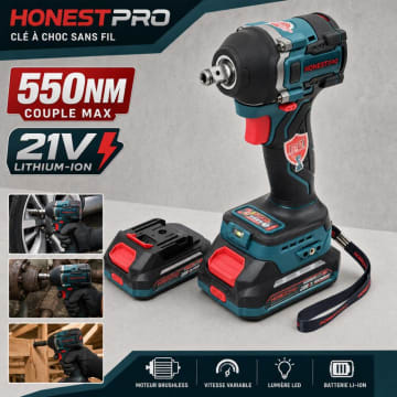مفتاح صدمات لاسلكي 21 فولت بعزم 550 نيوتن.متر مع بطاريتين – HONESTPRO YAE6118