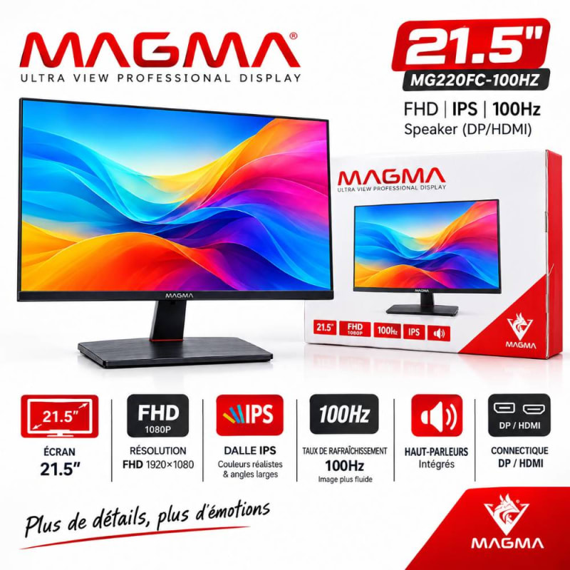شاشة MAGMA MG220FC مقاس 21.5 بوصة – FHD IPS، بتردد 100Hz، HDMI وDisplayPort مع سبيكر مدمج