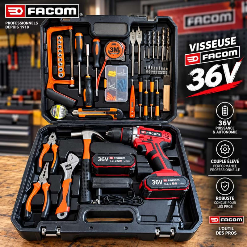 مثقاب ومفك لاسلكي FACOM 36V – بطاريتان