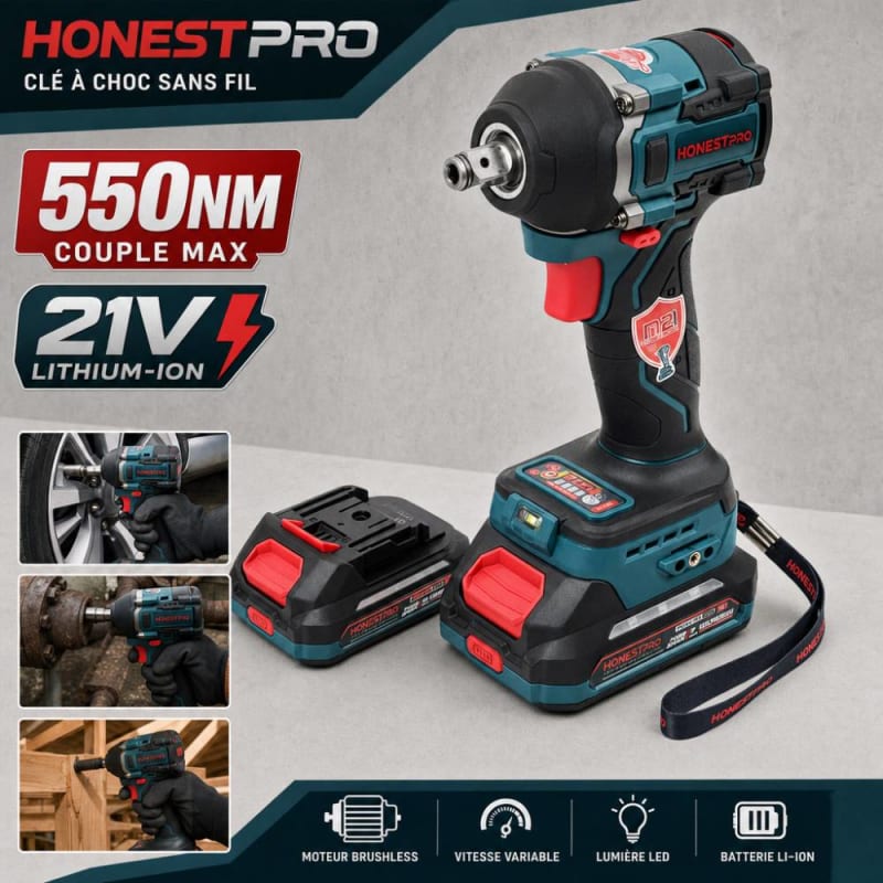 مفتاح صدمات لاسلكي 21 فولت بعزم 550 نيوتن.متر مع بطاريتين – HONESTPRO YAE6118