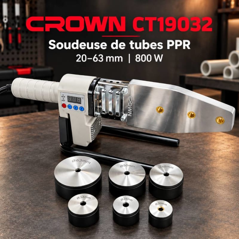 آلة لحام الأنابيب البلاستيكية PPR من كراون CROWN CT19032 – 800 واط، من 20 إلى 63 مم
