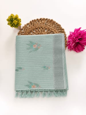 Linen Cotton Saree Aqua Green 