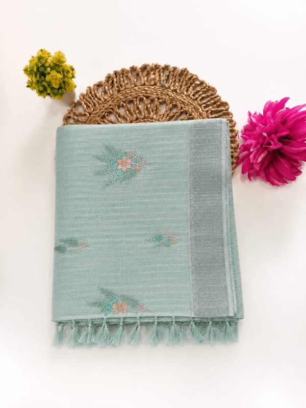 Linen Cotton Saree Aqua Green 