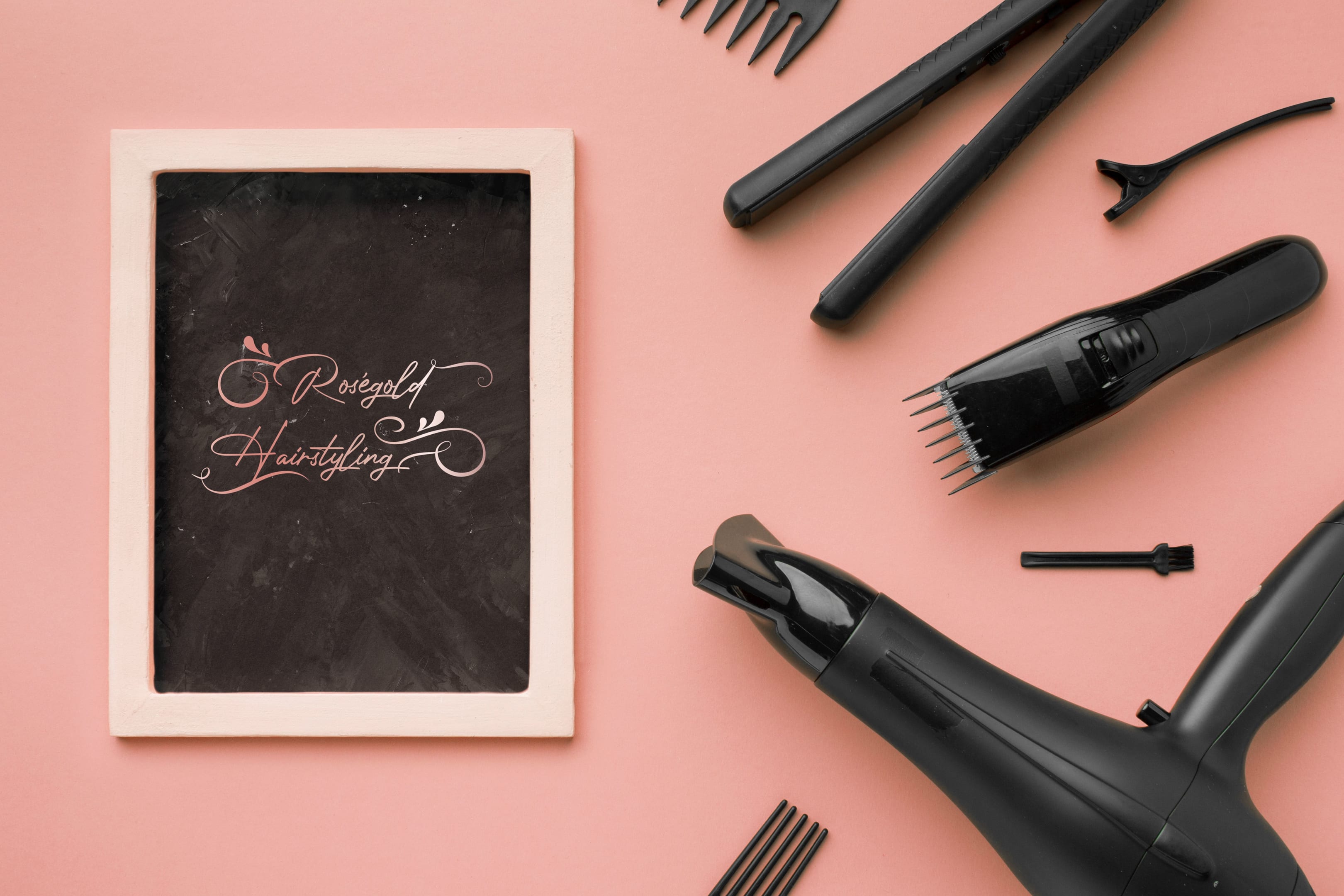 Design des Roségold Hairstyling Logos mit Coiffeur-Equipment