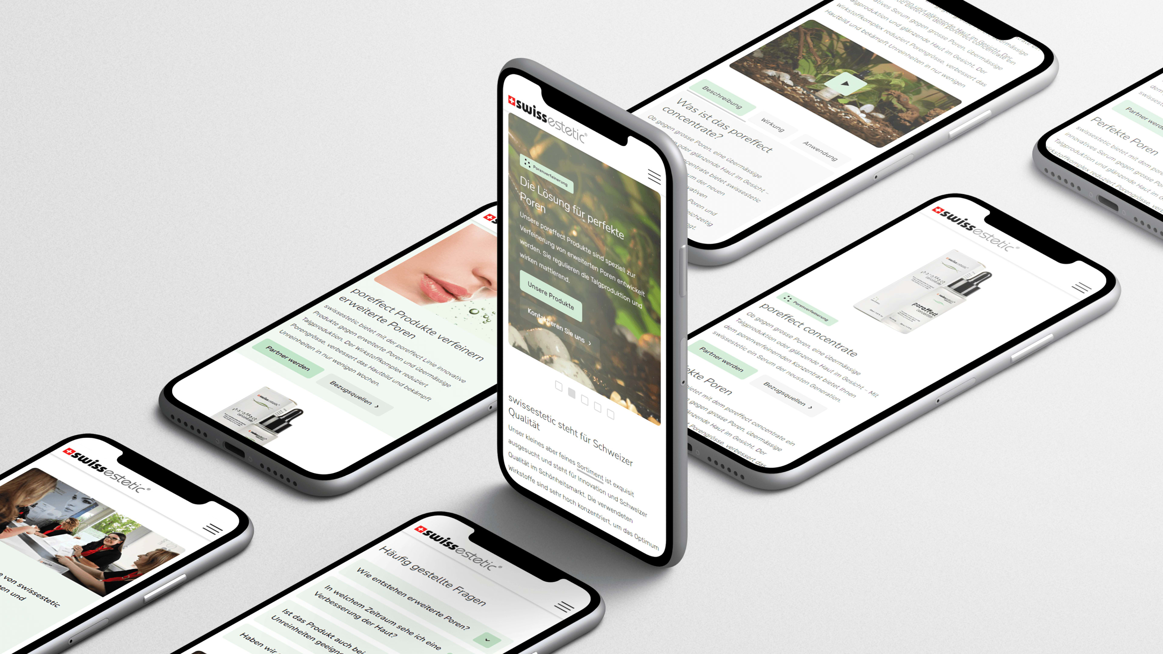 Ästhetische Aufreihung von mehreren Handys, die die neue Website von Swissestetic zeigen