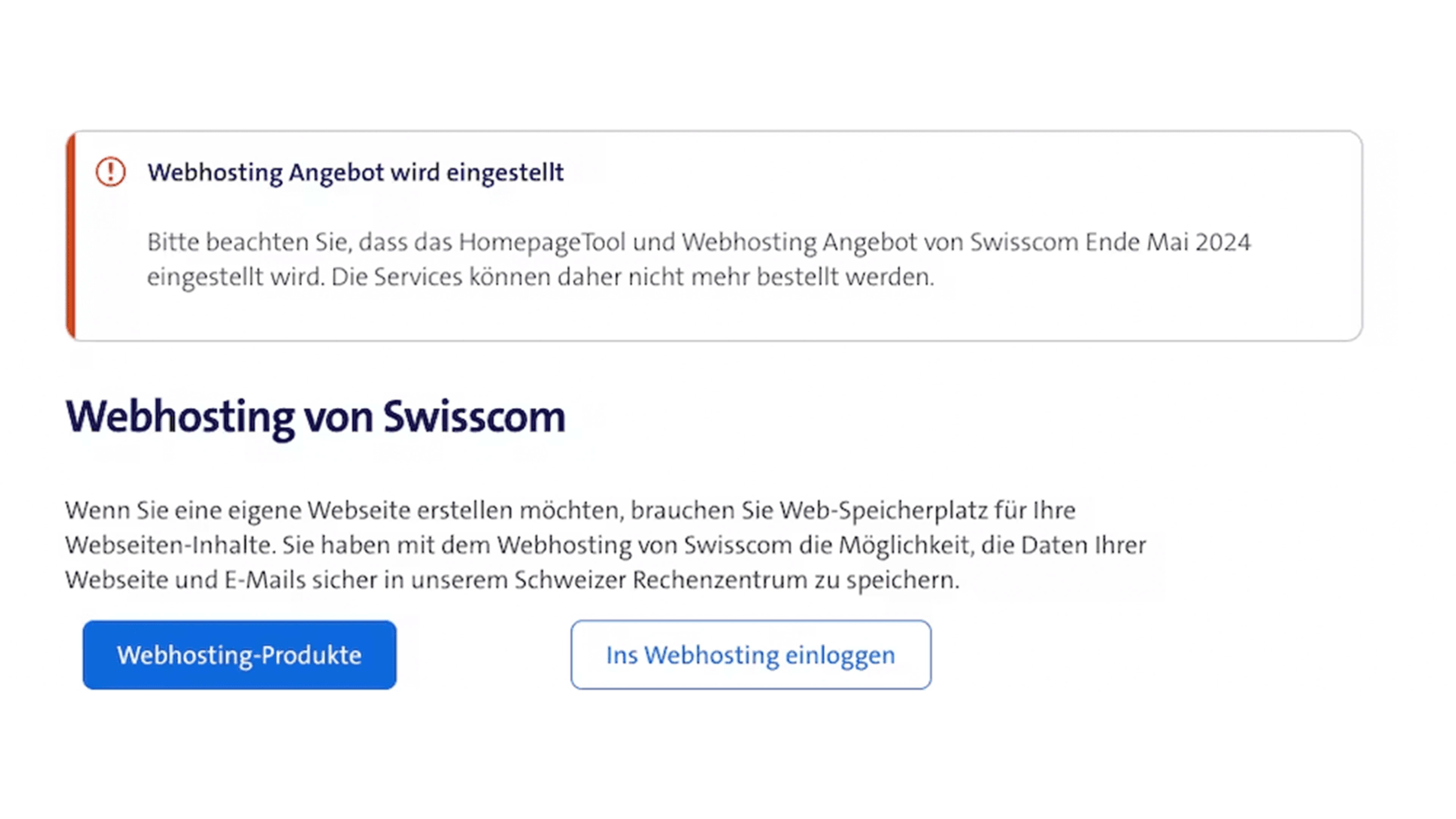 Screenshot von Swisscom über die einseitige Kündigung des Webhostings