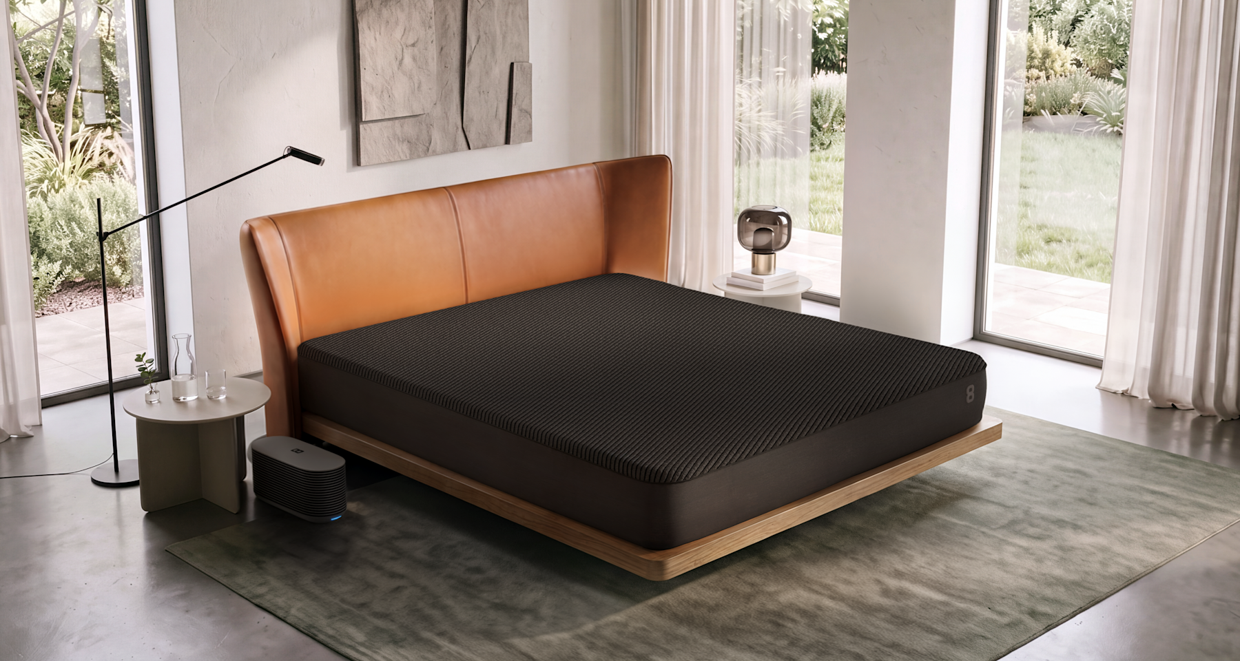 A Pod 6 Cover on a king bed in a bright bedroom, with the Hub on the floor beside it