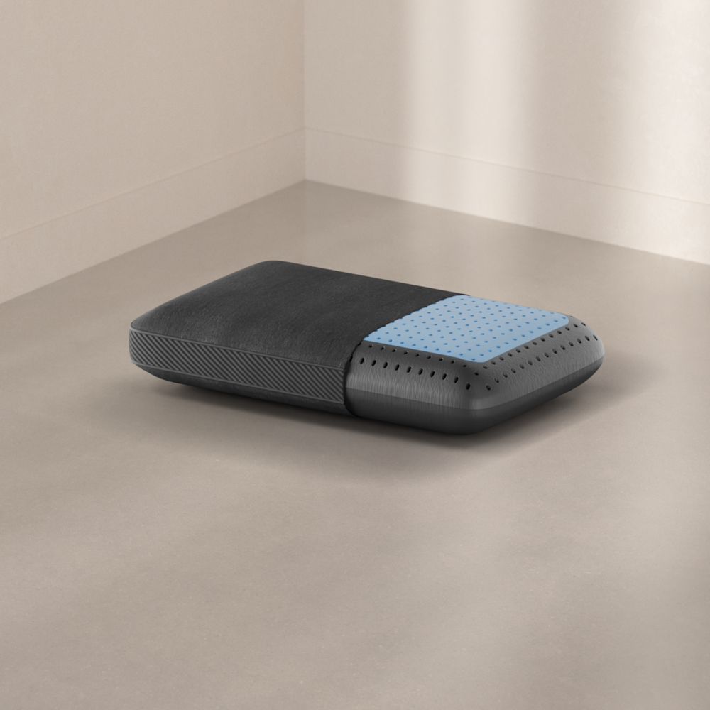 The Pod pillow on a studio floor, cut away to show its cooling layer.