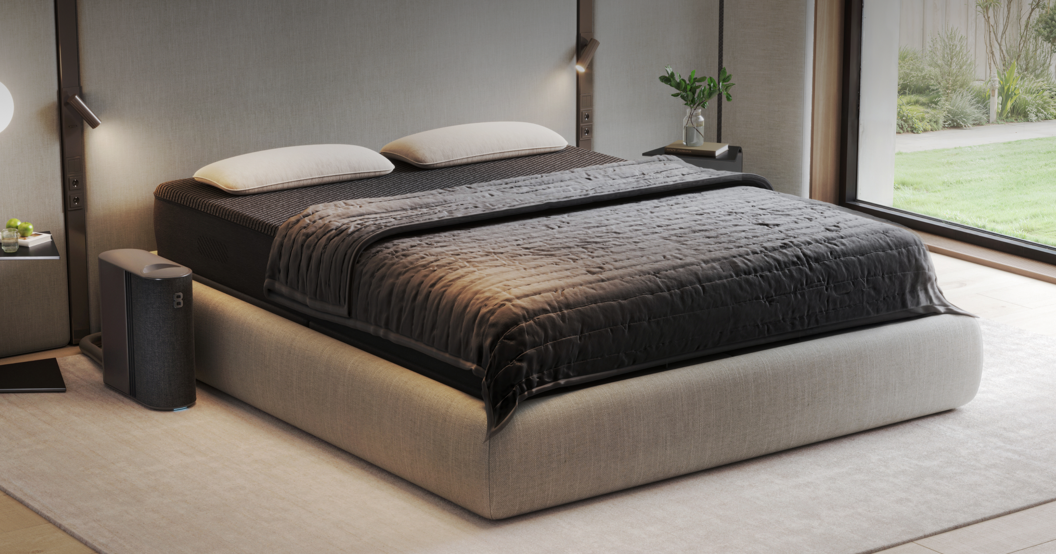 Eight Sleep Pod 系统安装在床上，展示其时尚、一体化的设计。(cloudinary.com)