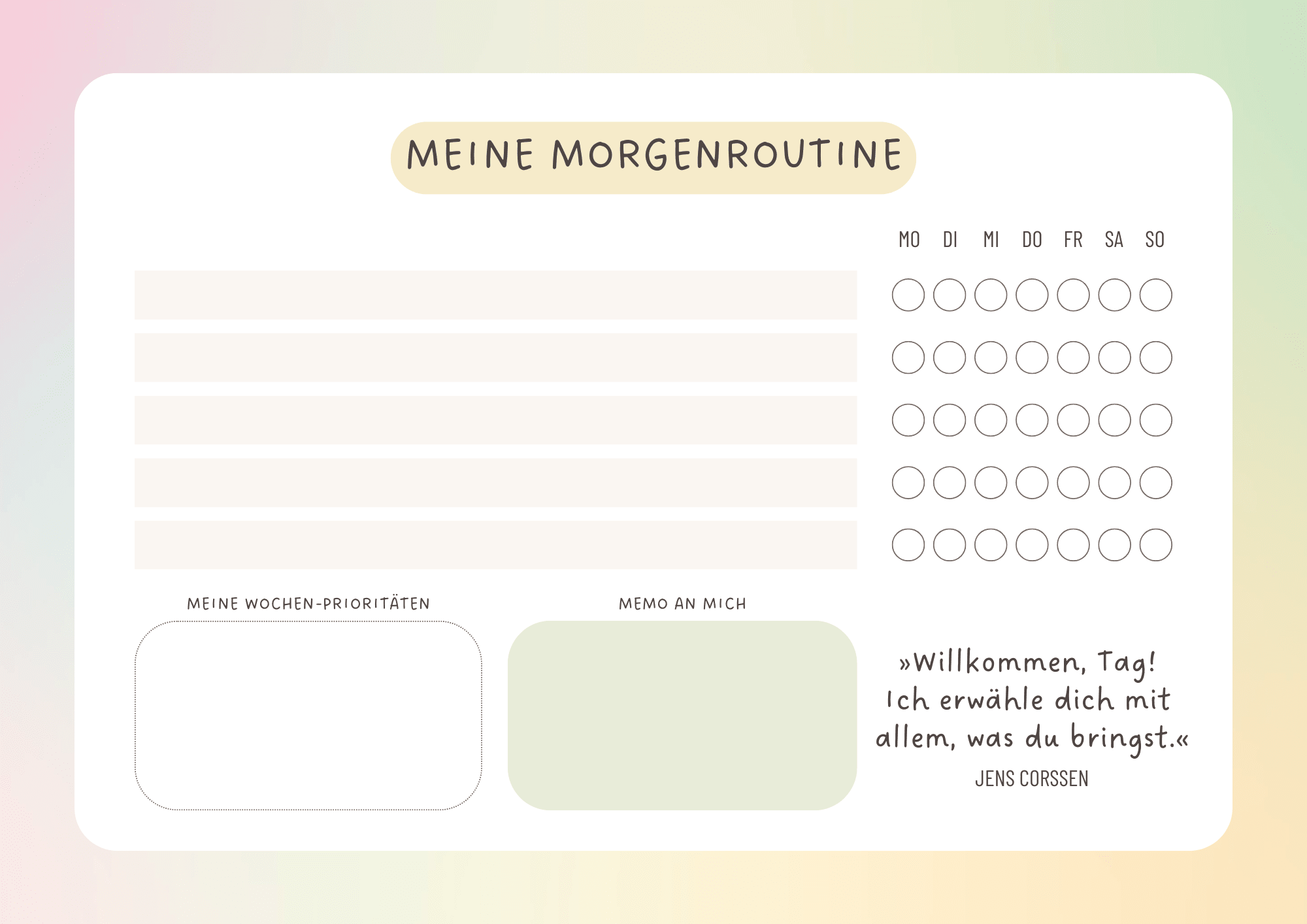 Vorlage für deine persönliche Morgenroutine Vorlage für eine Morgenroutine mit Feldern zum Ausfüllen und buntem Hintergrund