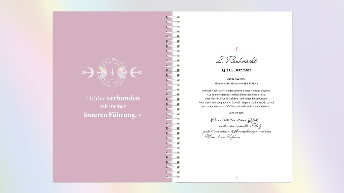 Workbook-Doppelseite zur zweiten Rauhnacht mit Affirmation und Impulstexten.