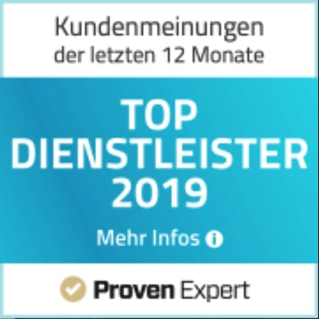 Die Auszeichnung „TOP-Dienstleister“ kennzeichnet die bestbewerteten Dienstleister basierend auf den Bewertungen ihrer Kunden. Damit werden ihre herausragenden Servicedienstleistungen hervorgehoben, die sich in einer besonders hohen Kundenzufriedenheit und Weiterempfehlungsquote der ausgezeichneten Dienstleister widerspiegeln.