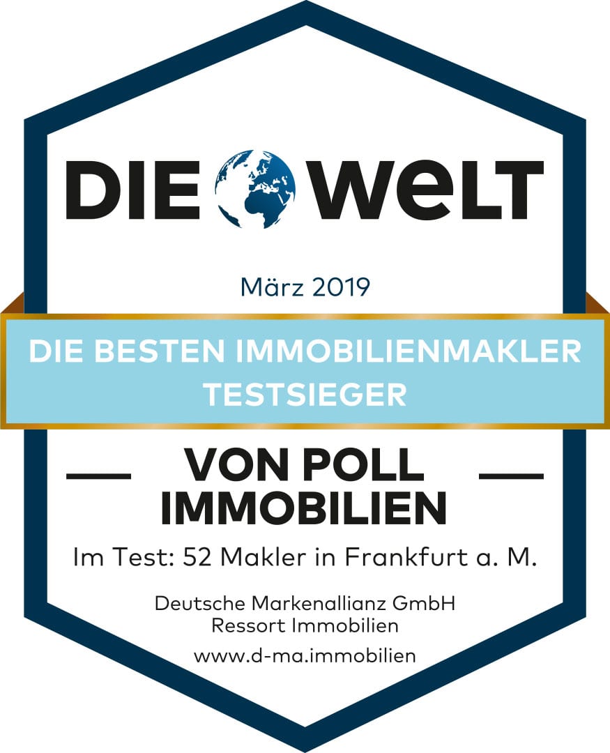 VON POLL IMMOBILIEN in Frankfurt am Main wurde im März 2019 durch Die WELT als Testsieger bei der Immobilienvermittlung in der Mainmetropole ausgezeichnet. Grundlage ist eine Analyse der Deutschen Markenallianz GmbH (DMA) im Auftrag der renommierten Tageszeitung. Die DMA hatte 52 Makler in der Stadt unter die Lupe genommen. VON POLL IMMOBILIEN in Frankfurt am Main erhält das Siegel bereits zum zweiten Mal in Folge.