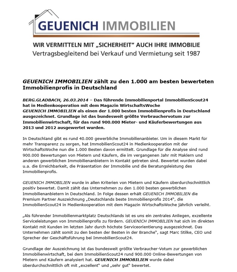 Geuenich Immobilien wurde von der Wirtschaftswoche und ImmoScout24 zu den 1000 besten Maklern gewählt. 