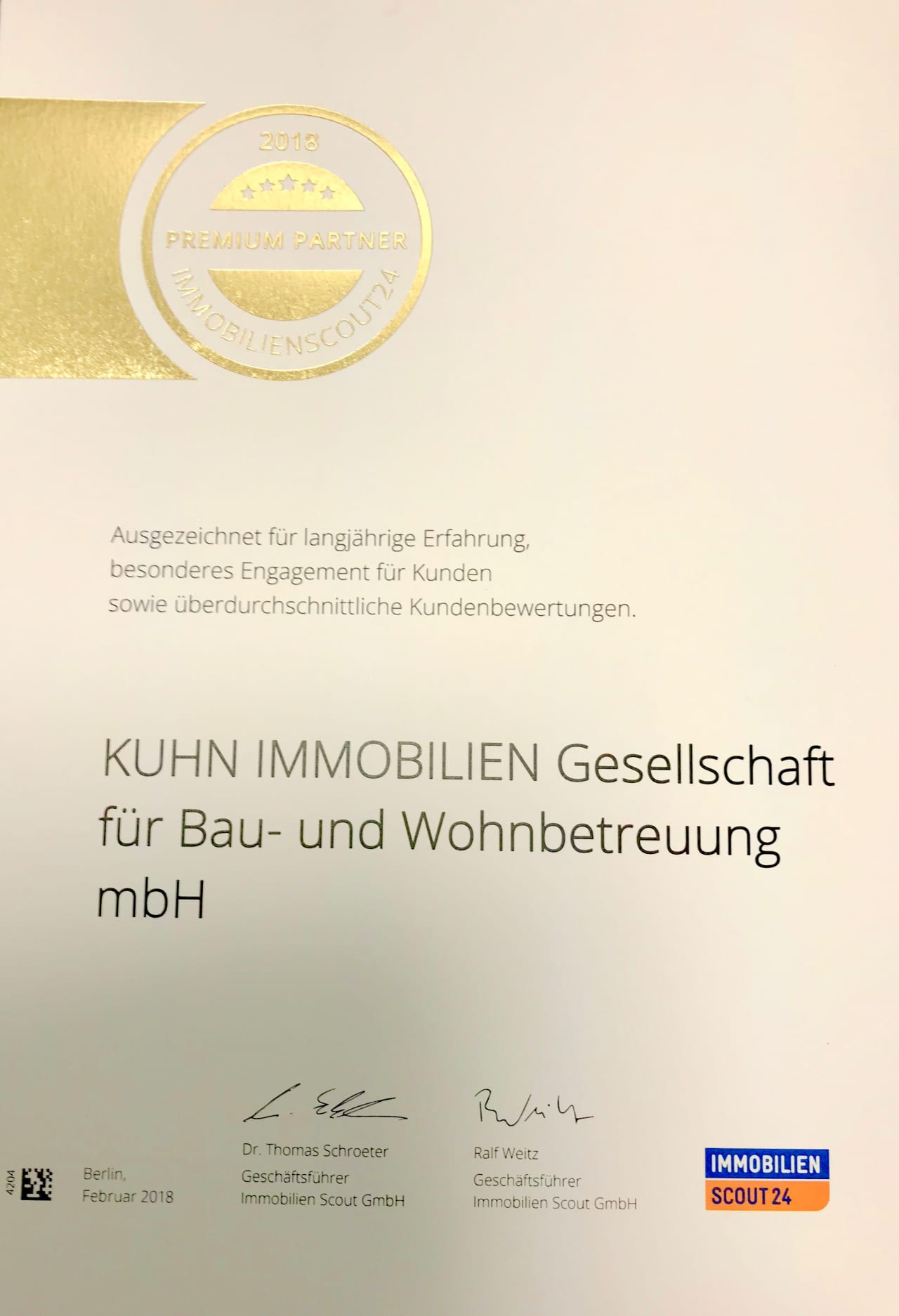 Auszeichnung für überdurchschnittiliche Kundenbewertungen, langjährige ERfahrung und besonderes Engagement für Kunden