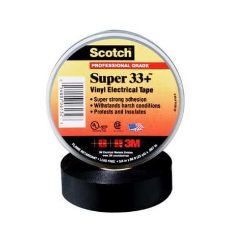 The image shown is representative of the product family and may not specifically be the individual item.  Scotch® Super 33+ Vinyl Electrical Tape is a 7 mil thick, premium grade tape that provides electrical insulation for all wires and cables rated up…