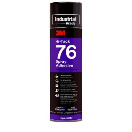 the image shown is representative of the product family and may not specifically be the individual item.  3m™ hi-tack 76 spray adhesive is a high-tack, industrial aerosol adhesive that creates effective, strong bonds for many hard-to-hold materials, su…