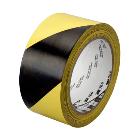 The image shown is representative of the product family and may not specifically be the individual item.  3M™ Hazard Warning Tape 766 is a black and yellow striped vinyl tape that provides a solution for marking of pinch points, gears, and other areas …