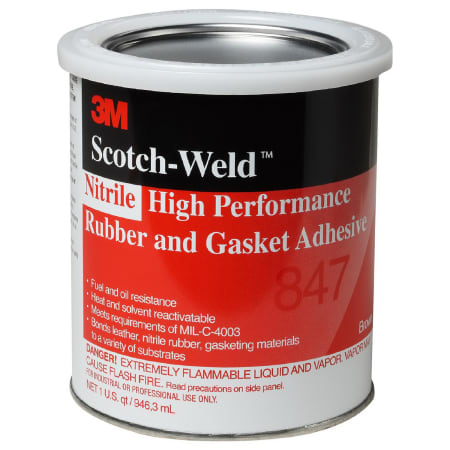 The image shown is representative of the product family and may not specifically be the individual item.  3M™ Nitrile High Performance Rubber and Gasket Adhesive 847 is a versatile, solvent based, high performance adhesive with comparatively low viscos…