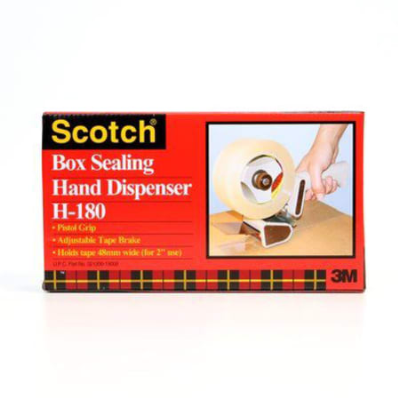 The image shown is representative of the product family and may not specifically be the individual item.  Scotch® Box Sealing Tape Dispenser H180 is a portable, hand-held tape dispenser. This box sealing tape dispenser comes with a pistol-grip design f…