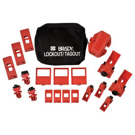 The image shown is representative of the product family and may not specifically be the individual item.  Brady breaker lockout pouch with components kit is made out of heavy-duty nylon for long lasting durability. Kit consists of a pouch, small Brady …