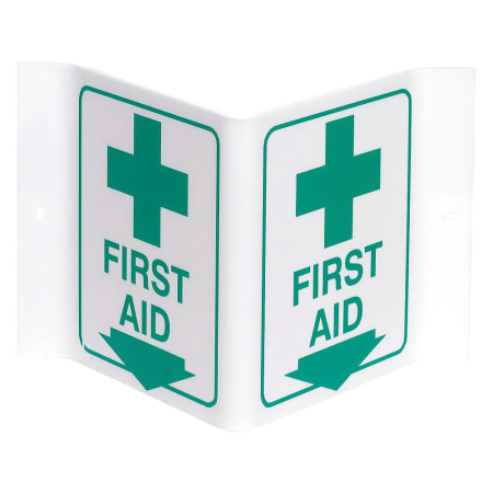 The image shown is representative of the product family and may not specifically be the individual item.  Dimensional sign alerts employees to the location of a first aid station in case of emergency. - Brady V1FA03A Prinzing Rectangle Standard "V" Sig…