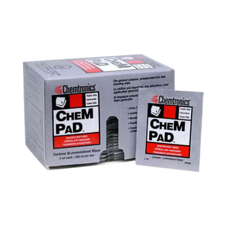 The image shown is representative of the product family and may not specifically be the individual item.  Chemtronics Chempad presaturated wipes are general purpose, super saturated, lint-free cleaning felt wipes. They are excellent for general purpose…