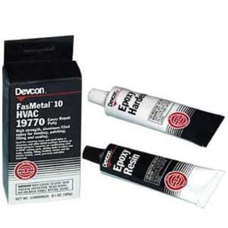 The image shown is representative of the product family and may not specifically be the individual item.  Devcon FasMetal 10 HVAC Repair is an aluminum-filled epoxy adhesive that comes in a 6.5 oz. tube, Bonds to aluminum and other metals, ceramics, wo…