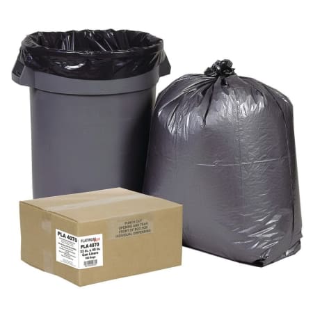 The image shown is representative of the product family and may not specifically be the individual item.  Webster Flat Seal Can Liner. - Webster Flat Seal Trash Can Liner, Width: 39 Inch, 1.55 Mil Thickness, Material: Low Density Polyethylene, Silver/B…