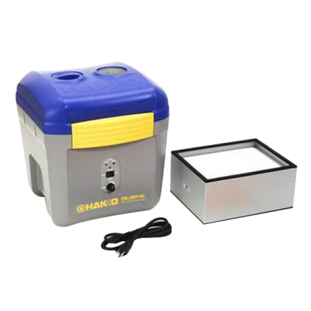 The image shown is representative of the product family and may not specifically be the individual item.  The Hakko FA430-16 is a volume fume extractor unit with pre-HEPA and maximum 2 ports/2 stations, no arms, 120W. Inside the unit, two filters, comp…