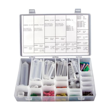 The image shown is representative of the product family and may not specifically be the individual item.  Jensen Global Dispensing Needle and Syringe Kit. - The kit includes a variety of needles, air syringe barrels and plastic stoppers, manual syringe…