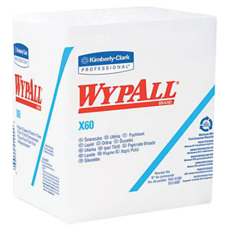 The image shown is representative of the product family and may not specifically be the individual item.  Kimberly Clark WypAll X60 quarterfold wipers bring the absorbing power of our Hydroknit material technology to a light weight wiper, combining ver…