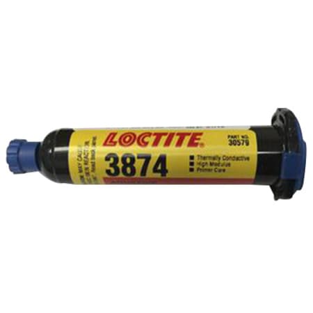 The image shown is representative of the product family and may not specifically be the individual item.  Loctite 3874 is a thermally conductive adhesive. When used with activator 7387 it cures rapidly to form a high strength, high modulus, thermoset a…