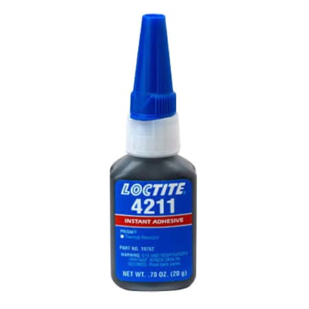 The image shown is representative of the product family and may not specifically be the individual item.  Loctite prism 4211 is a one-component, high viscosity, thermal resistant, cyanoacrylate adhesive. It is toughened with elastomers for impact and p…