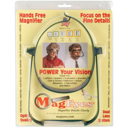 The image shown is representative of the product family and may not specifically be the individual item.  MagEyes is a lightweight dual Illuminated magnifier made of plastic and it's cushioned headband fits comfortably around the forehead like a visor …