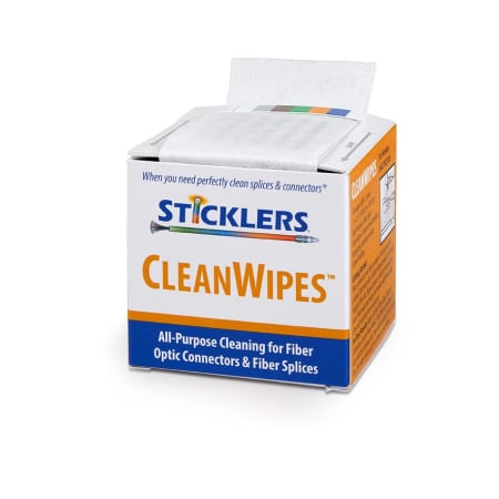 The image shown is representative of the product family and may not specifically be the individual item.  The Sticklers™ CleanWipes™ 600 is a portable box of 100 wipes,  optimized for cleaning 600 fiber end-faces. This is an improved package of high-qu…