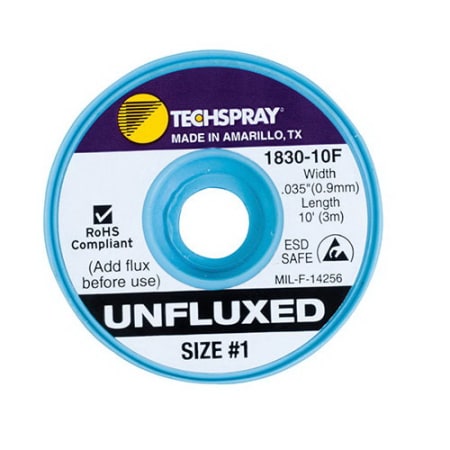 The image shown is representative of the product family and may not specifically be the individual item.  Techspray desoldering braid (wick) is pre-fluxed copper braid that is used to remove solder, which allows components to be replaced and excess sol…