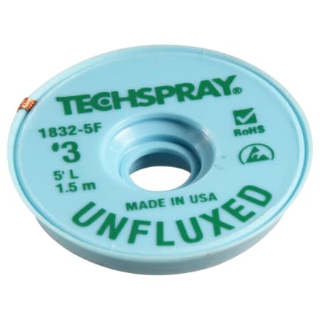 The image shown is representative of the product family and may not specifically be the individual item.  Techspray desoldering braid (wick) is pre-fluxed copper braid that is used to remove solder, which allows components to be replaced and excess sol…