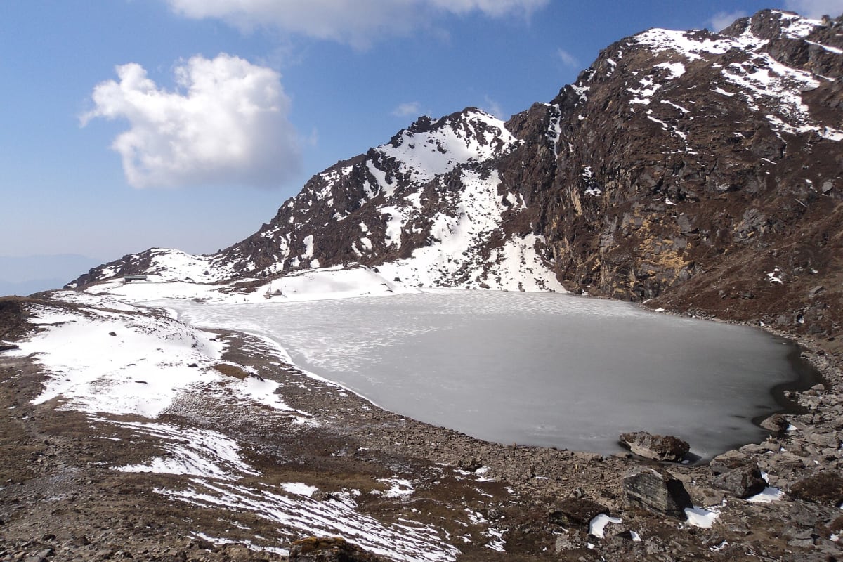 Bhairav Kunda lake under snow in the Jugal Himal, Nepal.