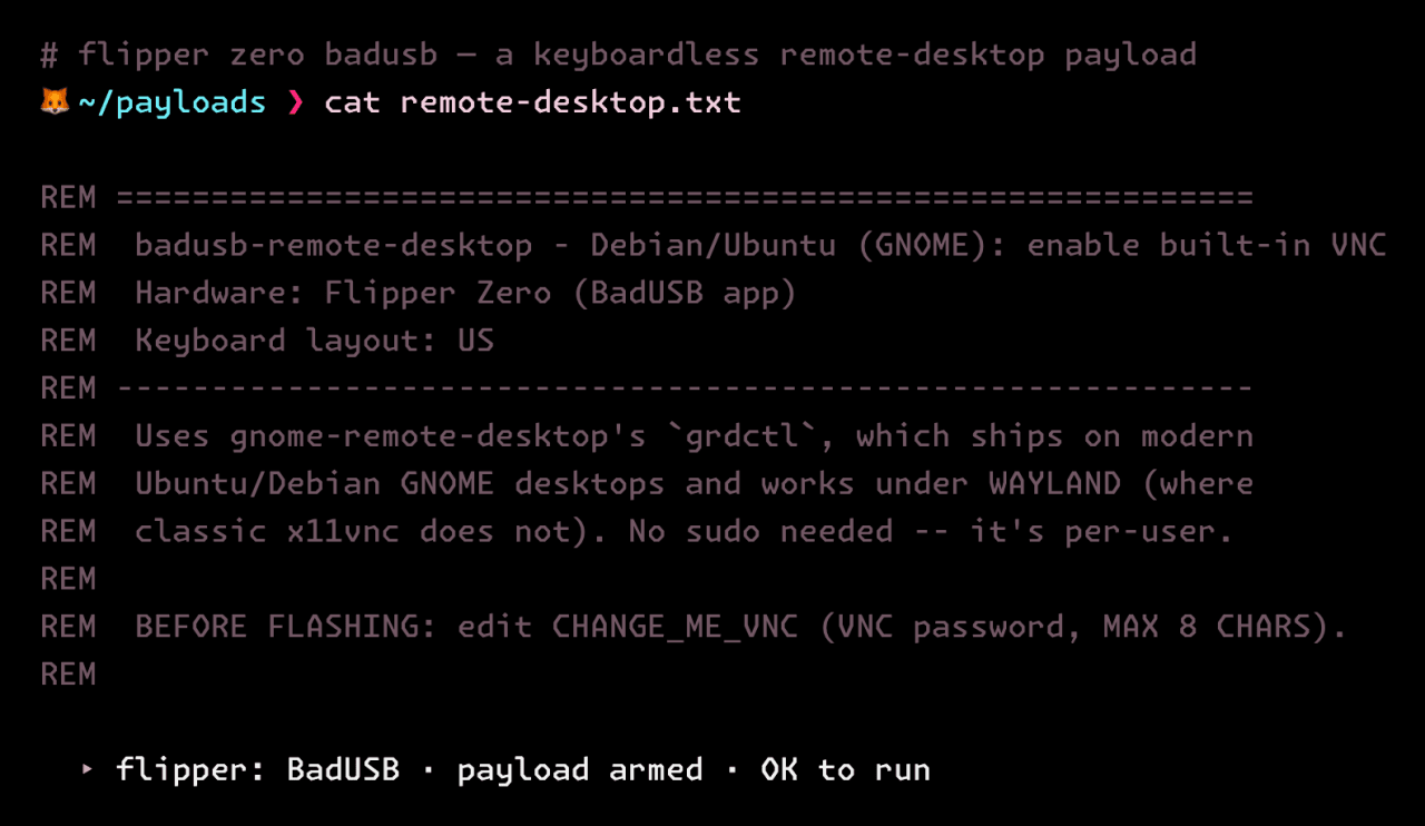 BadUSB Remote Desktop — a real DuckyScript payload in a vulpes terminal