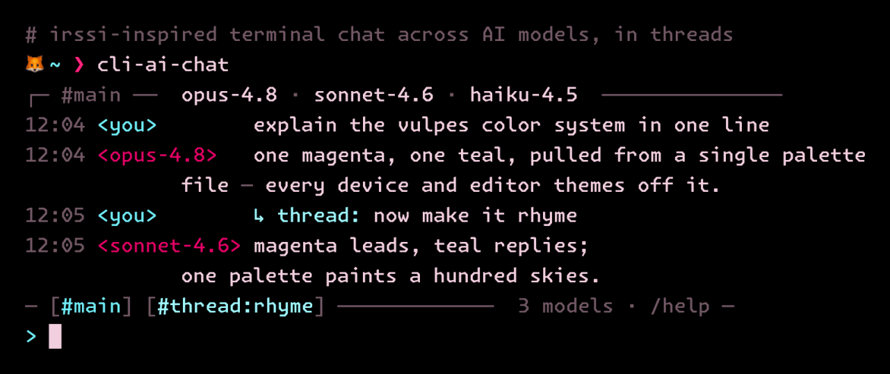 CLI AI Chat running in a vulpes-themed terminal