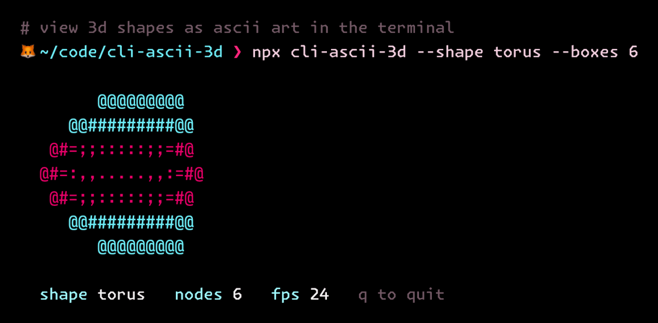 CLI Ascii 3D running in a vulpes-themed terminal
