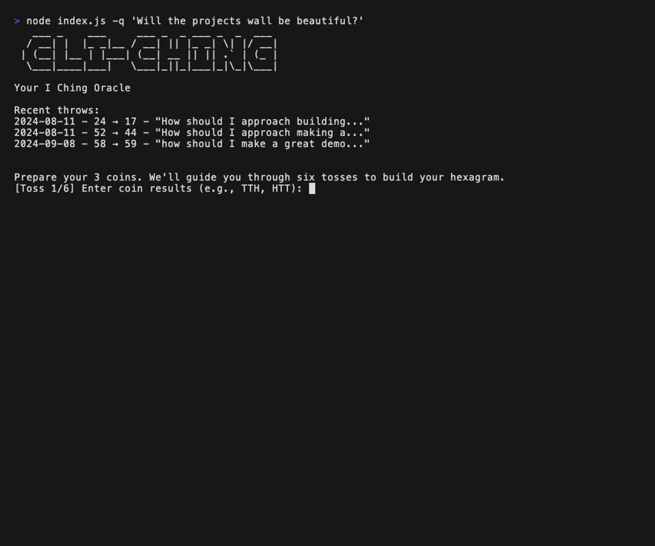 cli-ching — the I Ching oracle in the terminal, with throw history and the coin-toss prompt