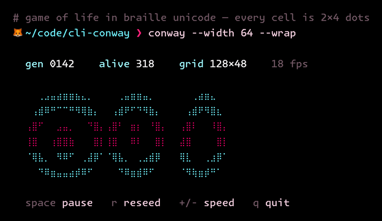 CLI Conway running in a vulpes-themed terminal