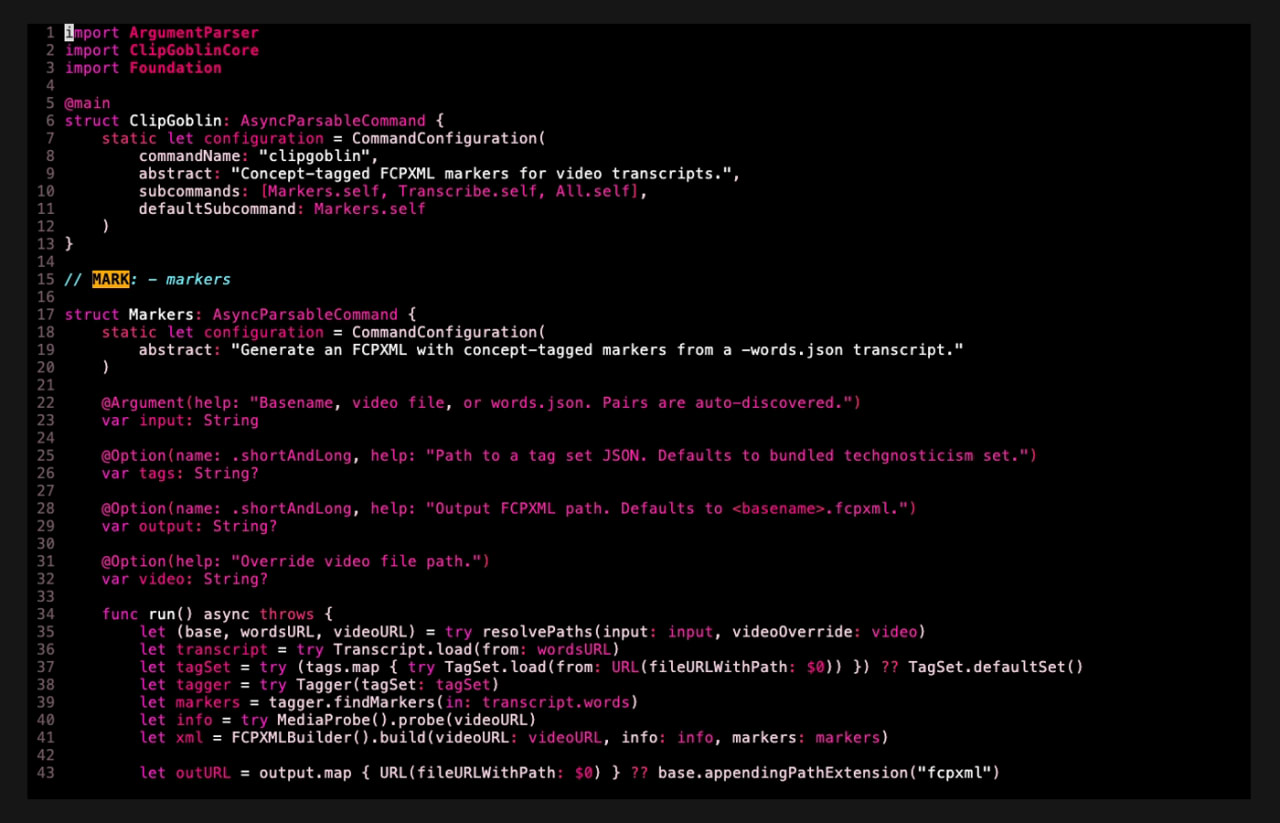 The CLI — generating concept-tagged FCPXML markers from a words.json transcript