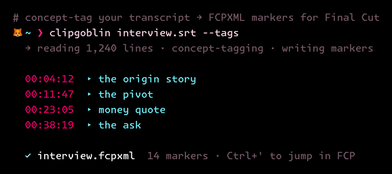 Clipgoblin running in a vulpes-themed terminal