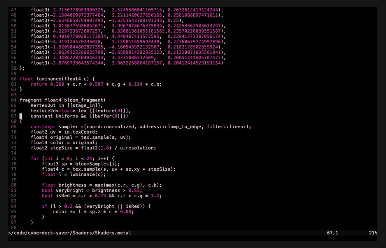 The Metal fragment shader behind the screensaver's CRT look