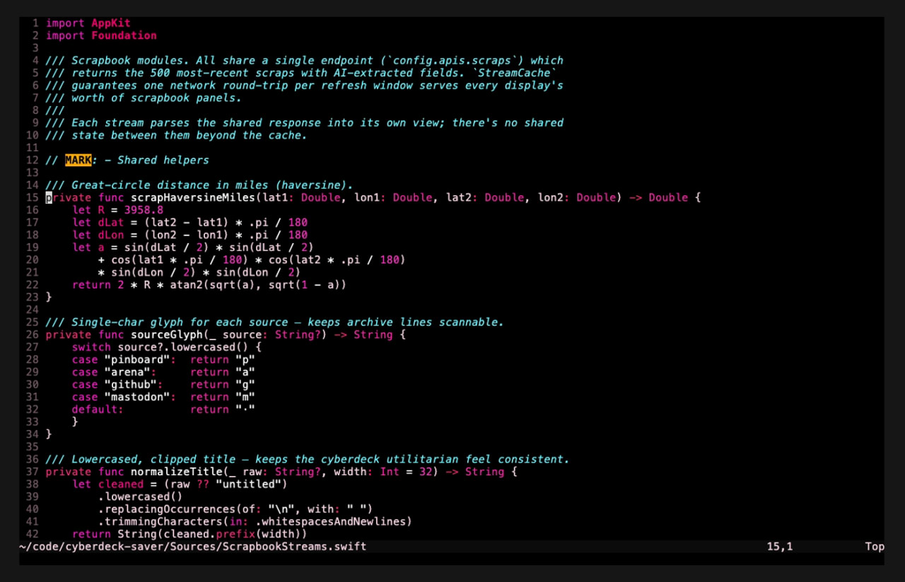 The data streams — each terminal panel fetches and parses its own feed; here, haversine math for scrapbook distances