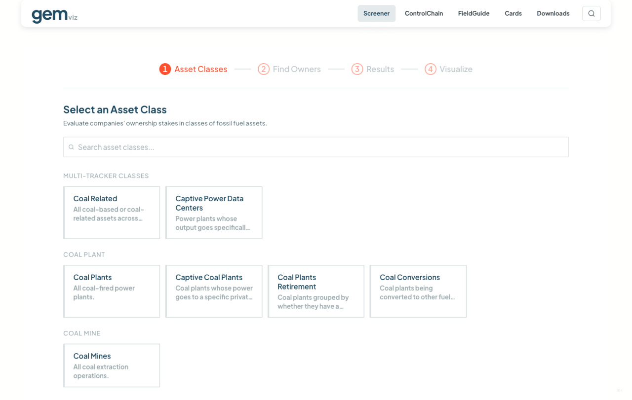The screener — pick an asset class (coal plants, captive gas plants for data centers, proposed mines in BRICS countries) and find exactly who owns it