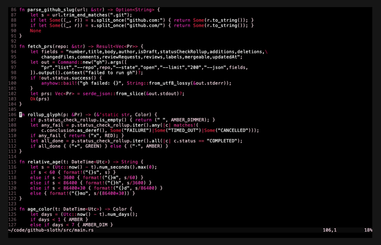 The PR rollup logic in Rust — status glyphs and age coloring